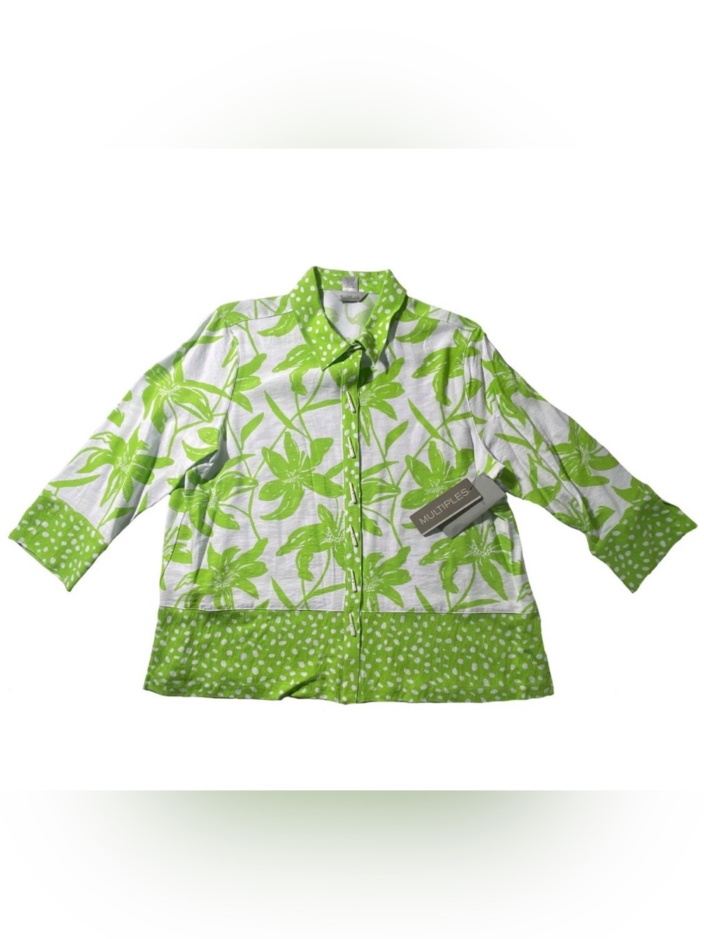 Petite Sz PL MULTIPLES Button Front 3/4 Cuff Sleeve Fiesta Lime Blouse Tunic $69